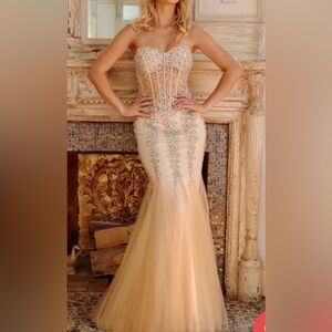 Jovani Cream Beaded Corset Prom Gown